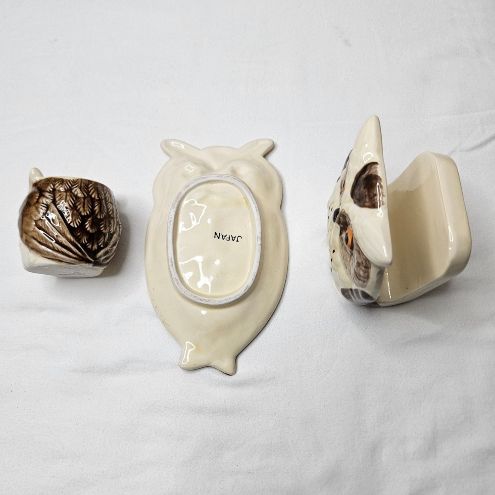 Vtg Ceramic Owl Set Japan Napkin Holder Spoon Rest Toothpick Holder‎ Brown Cream - Picture 5 of 10